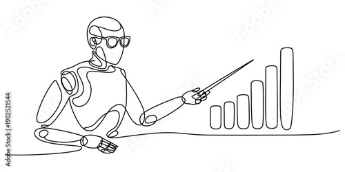 Robot analyzing financial growth and business success using a bar chart in a continuous line drawing. isolated on white background, Vector, illustration