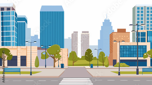 A vibrant cityscape illustration featuring modern buildings and a park walkway