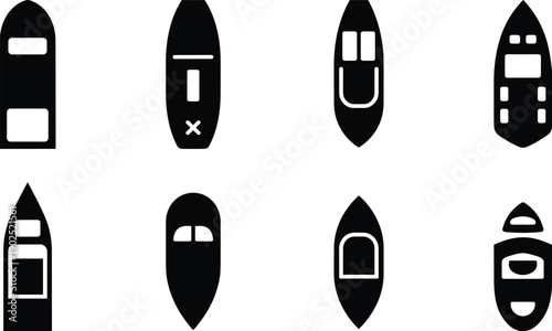 Boat silhouettes top view set isolated on white background, black marine vessel icons collection, minimalist nautical vector illustration
