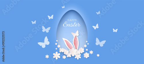 Happy Easter card with rabbit ears, flowers and a butterfly on a blue background with an egg. A holiday banner. Vector illustration.