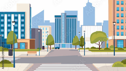 A vibrant cityscape illustration with modern buildings and a tree lined street