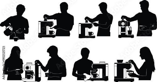 Black silhouettes of people making coffee machine