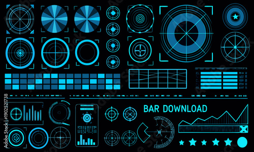 Abstract blue neon digital interface elements on a black background