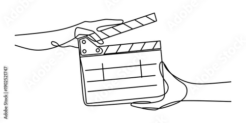 Continuous line drawing of two hands holding a movie clapperboard for a film production isolated on white background, Vector, illustration