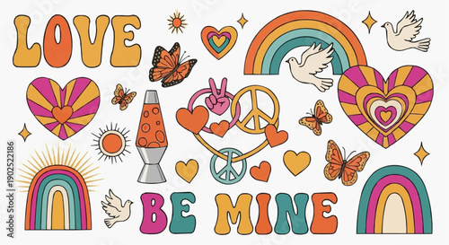 Vibrant 60s inspired valentine's day stickers with love hearts rainbows butterflies
