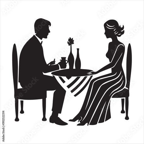 A romantic silhouette of a couple sitting and dining together, sharing a quiet meal at a small table, capturing love, intimacy, and connection in a timeless