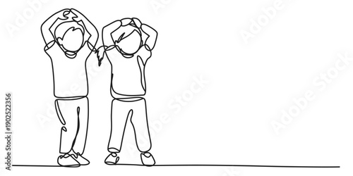 Continuous line drawing of two children standing side by side with their hands over their heads. isolated on white background, Vector, illustration