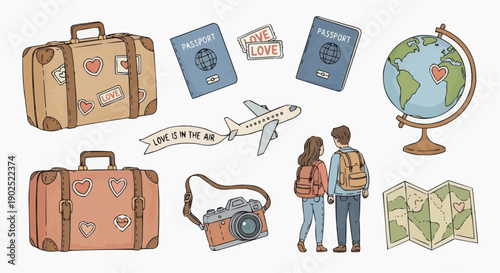 Couple planning trip with luggage globe and travel documents on white background