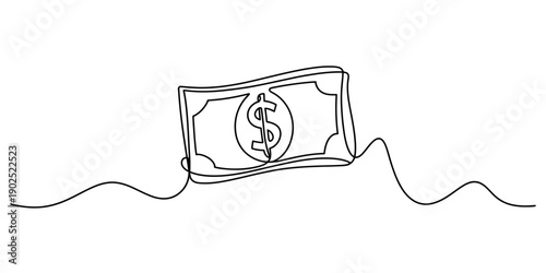 Single continuous line drawing of a dollar bill banknote representing money and finance isolated on white background, Vector, illustration