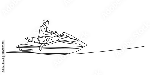 Minimalist continuous line art illustration of a person riding a fast jet ski on the ocean waves. isolated on white background, Vector, illustration