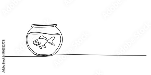 Simple line drawing of a goldfish swimming inside a round glass fishbowl on a flat surface. isolated on white background, Vector, illustration
