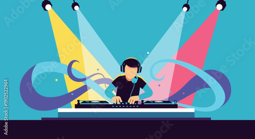 This captivating flat design depicts a DJ intensely performing at the Ultra Music Festival 2026, surrounded by vibrant sound waves and stage lights. 
