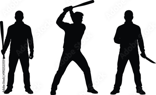 Criminal silhouettes set with baseball bat and knife, threatening male figures isolated on white background, black vector illustration for danger, violence, crime concept, security awareness