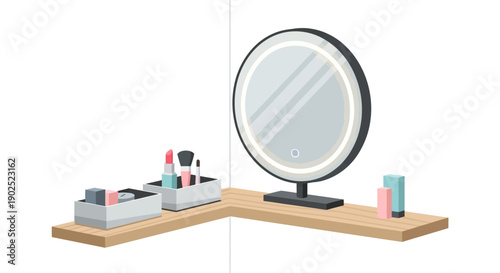 Round Tabletop Makeup Mirror with Cosmetic Accessories Vector Illustration for Beauty Routine, Personal Care Desk, and Modern Dressing Table Setup Graphics
