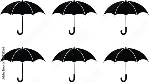 Classic black umbrella silhouettes isolated on white background, rain protection icon collection, simple minimalist weather vector illustration set