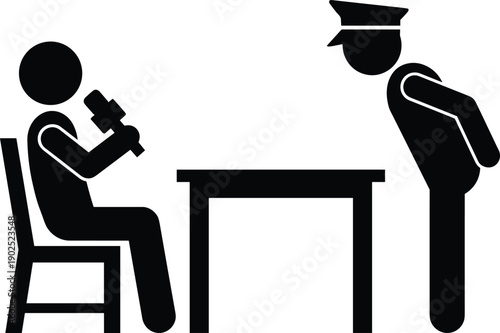Police interrogation icon illustration, suspect sitting with microphone, officer questioning at table, law enforcement interview concept, criminal investigation scene, justice system symbol,