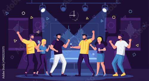 This dynamic flat design illustration captures the energetic after-party celebration following Ultra Music Festival 2026, with stylized characters continuing the festivities.