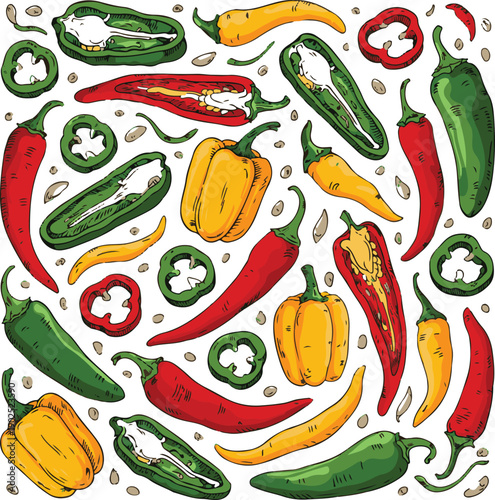 Hot chili pepper vector set illustration on white background, chili pepper icon set.peppers slice on transparent background.