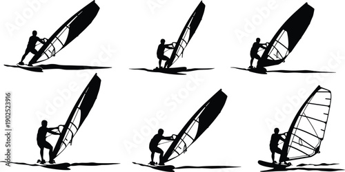 Black silhouettes of windsurfers in various poses on water windsurfing white background
