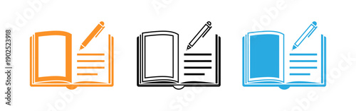 Book and pencil icons in orange black and blue