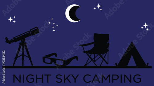 Night sky camping scene with telescope, tent and chair for stargazing outdoor adventure icons.