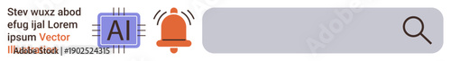 User interface, notifications, AI integration, digital tools, search functionality, modern design. Interface AI icon, notification bell and search bar. s user interface and notifications concept