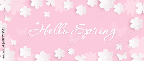 Spring flower background. Minimalist banner template with flowers on a pink background. Natural design with cute flowers. Vector EPS 10.