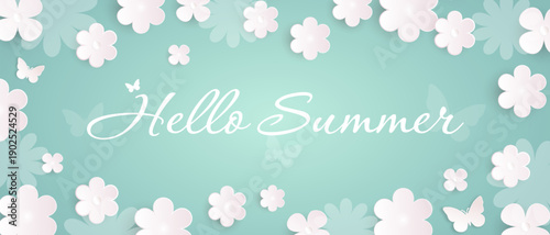 Summer floral background. Minimalist banner template with flowers on a green background. Natural design with cute flowers. Vector EPS 10.