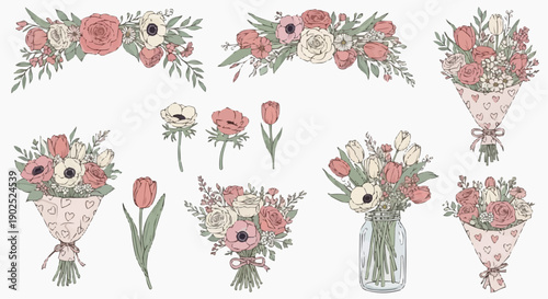 Bouquets and single stems of pink white and red flowers in vases and wrapped with green leaves on white background
