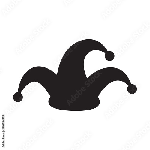 Black jester hat silhouette icon representing carnival, joker costume, comedy entertainment and party festive symbol for celebration graphics
