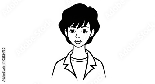Stylized illustration of a young woman with dark curly hair wearing a jacket.