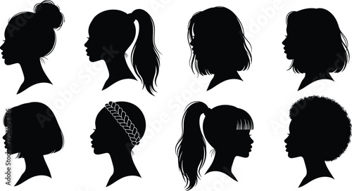 Women head silhouette set with diverse hairstyles side profile black icons isolated on white background female portrait illustration for beauty fashion design projects