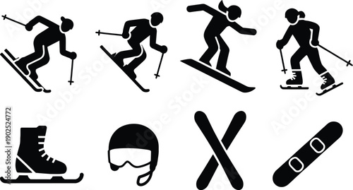 Various winter sport icons including skiers snowboarders boots helmet skis snowboard and poles