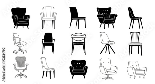 Collection of diverse chair illustrations in black and white.