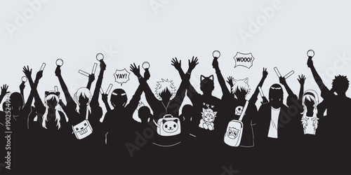 A diverse crowd of people silhouetted against a light background, cheering and holding up light sticks and bags with cartoon characters.