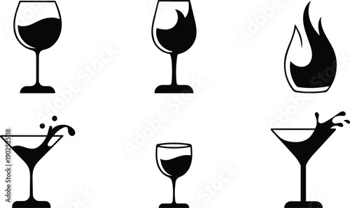 Collection of abstract vector icons representing different types of alcoholic drinks in glasses with liquid splashes and a flame symbol for alcoholic beverages