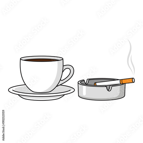 Coffee cup and ashtray with lit cigarette and smoke