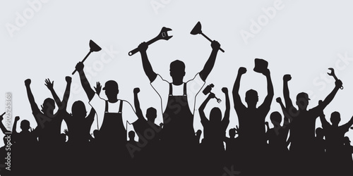 Silhouette of a diverse group of workers holding tools and raising their fists in solidarity and protest.