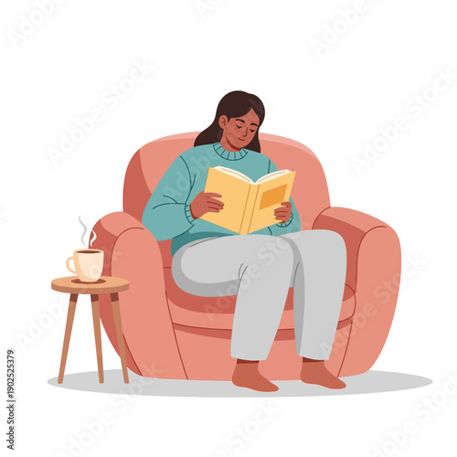 Woman Reading Book in Cozy Armchair with Coffee
