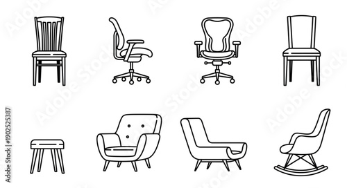 Collection of various chair designs in a line drawing style.