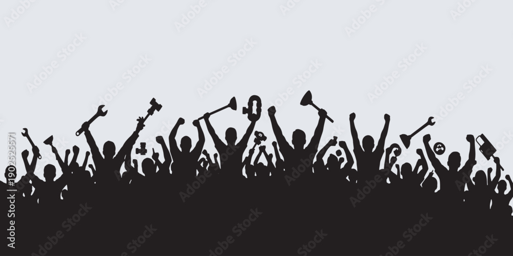 Naklejka premium Silhouette of a cheering crowd holding up tools and wrenches, celebrating a victory or achievement.