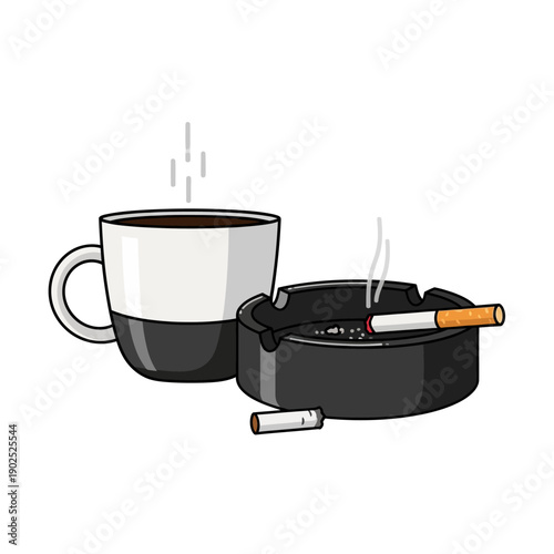 Morning Coffee and Cigarette Break: A Cup of Hot Coffee Next to an Ashtray