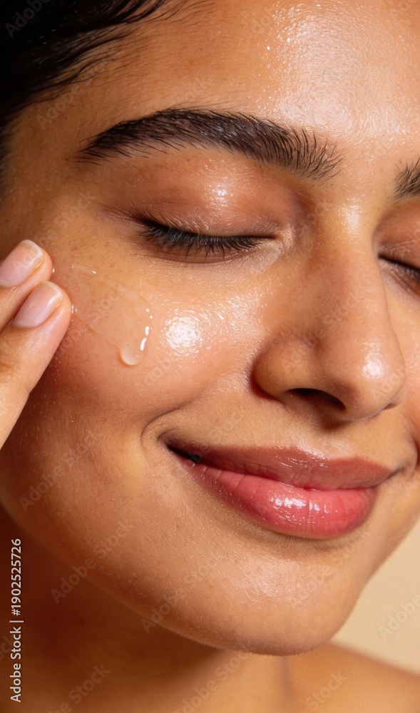 Obraz premium Woman applying skincare product with happy expression on face