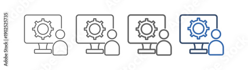 
Outline icon set of system administration with computer, gear and people design