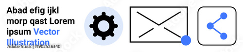 Technology, communication, social media, networking, digital tools, information sharing. Black gear, envelope and share icons with minimal design. Technology and communication concepts