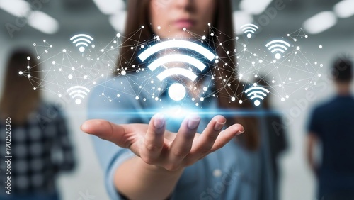 Woman extends her hand, showcasing multiple glowing wifi symbols floating above, representing ubiquitous wireless internet connectivity.