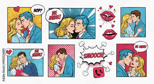 Comic strip of loving couple kissing and embracing with speech bubbles and hearts