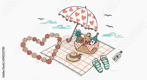 Beach picnic setup with heart umbrella basket and accessories on plaid blanket