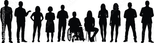 Group of diverse people including a person in a wheelchair and a person sitting silhouette