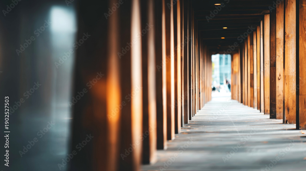 Naklejka premium Long corridor forming perspective with repeating vertical wooden pillars, creating a pathway lit by natural light and shadows